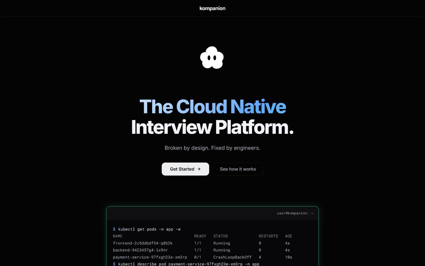 Terminal excerpt from the public product page, with Running and CrashLoopBackOff workloads visible side by side.